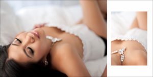 girl wears a white corset during boudoir shoot